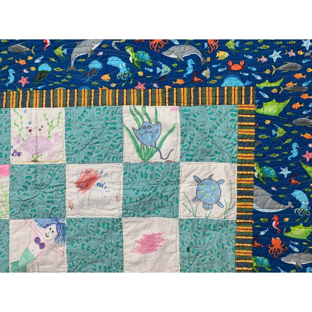 Kids Draw For Kids Ocean Life Fish Shark Turtle‎ Print Quilt Blanket 57